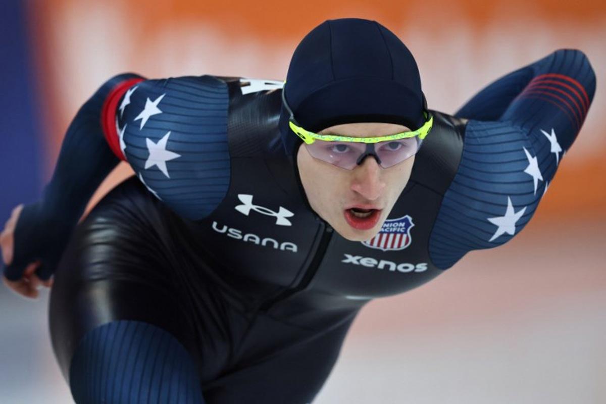 US's Jordan Stolz competes during the 1500m men race of the ISU World Speed Skating Championships in Hamar, Norway on March 16, 2025.  Geir Olsen / NTB / AFP