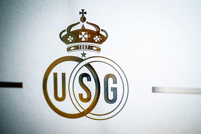 The logo of Royale Union Saint-Gilloise pictured at a press conference of Belgian soccer team Royale Union Saint-Gilloise, Friday 03 April 2026 at their training center in Zaventem, regarding their first game of the Champion's Play-Off (PO 1) competition of the Jupiler Pro League. Union will meet Sint-Truidense VV on Saturday. BELGA PHOTO TOM GOYVAERTS