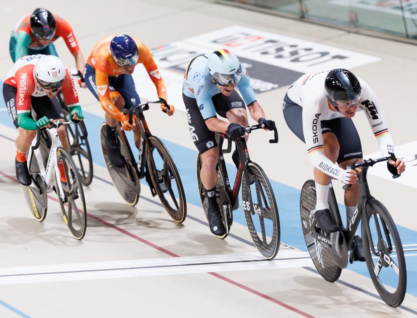 Belgian Jules Hesters crosses the finish line of the final Men's Scratch race at the 2025 UCI Track World Championships cycling, in Santiago, Chile, Thursday 23 October 2025. The Track World Championships take place from 22 to 26 October at the Velodromo de Penalolen in Santiago, Chile. BELGA PHOTO BENOIT DOPPAGNE