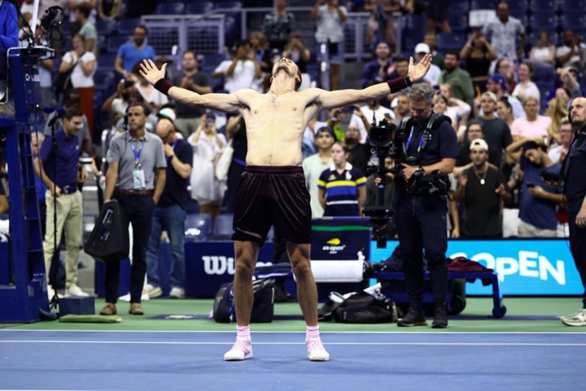 Germany's Alexander Zverev celebrates after victory during the men's singles second round tennis match against France's Quentin Halys on day five of the US Open tennis tournament at the USTA Billie Jean King National Tennis Center in New York City on September 3, 2026.  CHARLY TRIBALLEAU / AFP