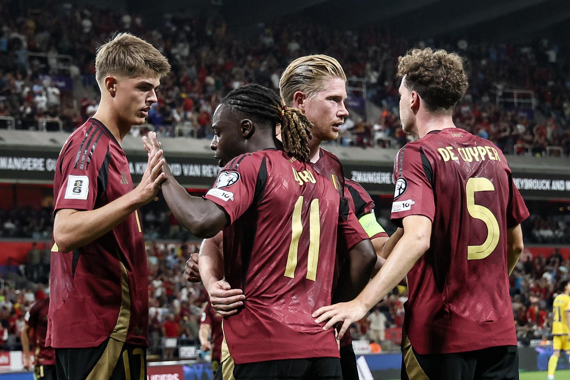 Belgium's Jeremy Doku celebrates after scoring during a soccer game between Belgian national soccer team Red Devils and Kazakhstan, in Brussels, on Sunday 07 September 2025, the fourth (out of 8) qualification games for the World Cup 2026. BELGA PHOTO BRUNO FAHY
