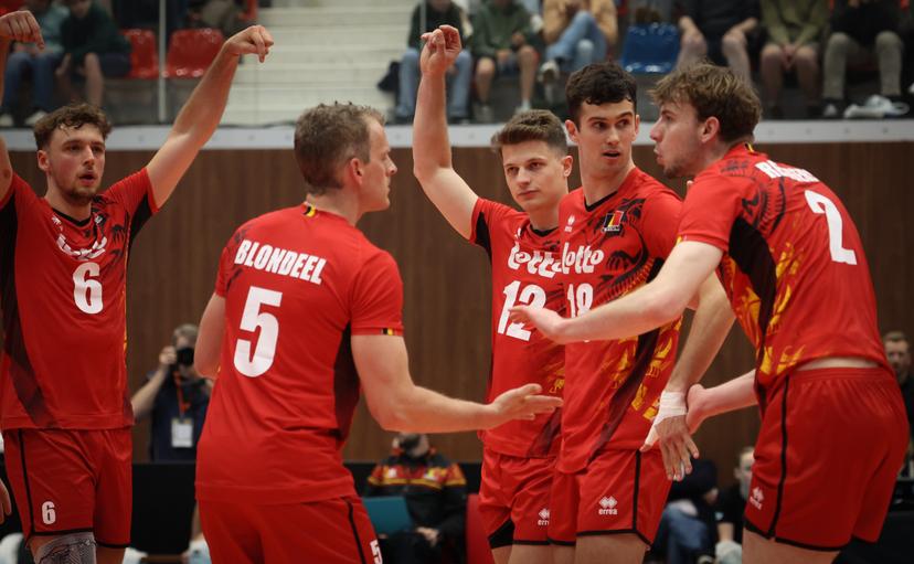 Belgium's players pictured during a volleyball match between Belgium's national men's volleyball team, the Red Dragons, and the Azeri national men's volleyball team, in match 3/6 of the League Round of the European Golden League men, in Beveren, Friday 24 May 2024. BELGA PHOTO VIRGINIE LEFOUR