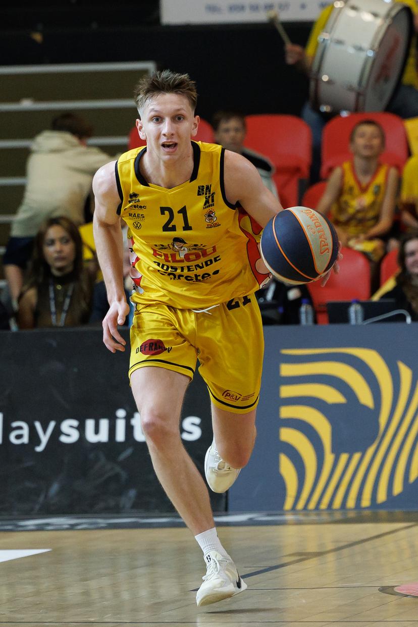 Oostende's Noah Meeusen pictured in action during a basketball match between BC Oostende and Kangoeroes Mechelen, Saturday 07 June 2025 in Oostende, the fourth game of the best-of-5 finals in the playoffs of the 'BNXT League' Belgian/ Dutch first division basket championship. BELGA PHOTO KURT DESPLENTER