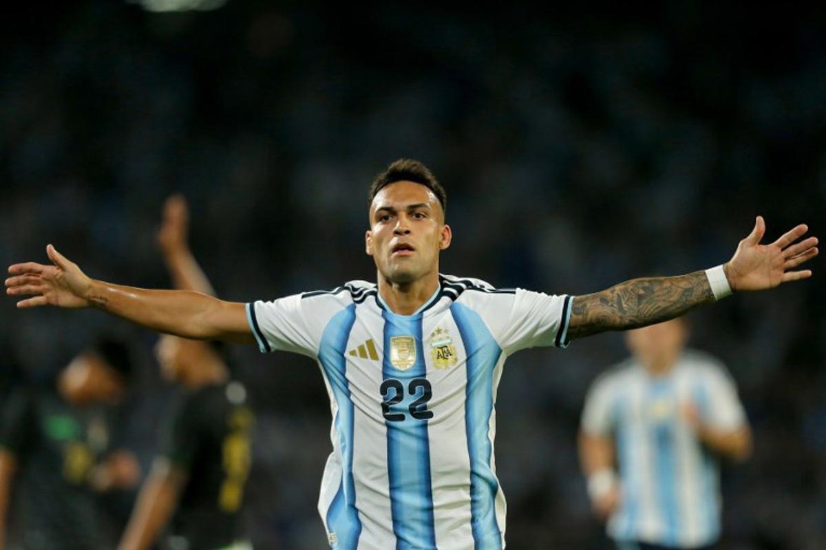Argentina's forward #22 Lautaro Martinez celebrates after scoring his team's first goal during the international friendly football match between Argentina and Bolivia at Mario Alberto Kempes Stadium in Cordoba, Argentina, on September 30, 2026.  Diego Lima / AFP