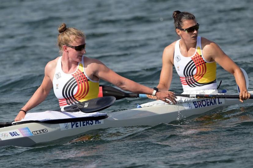 Belgium's Hermien Peters (L) and Belgium's Lize Broekx react after competing in the women's kayak double 500m semifinal of the canoe sprint competition at Vaires-sur-Marne Nautical Stadium in Vaires-sur-Marne during the Paris 2024 Olympic Games on August 9, 2024.  Bertrand GUAY / AFP
