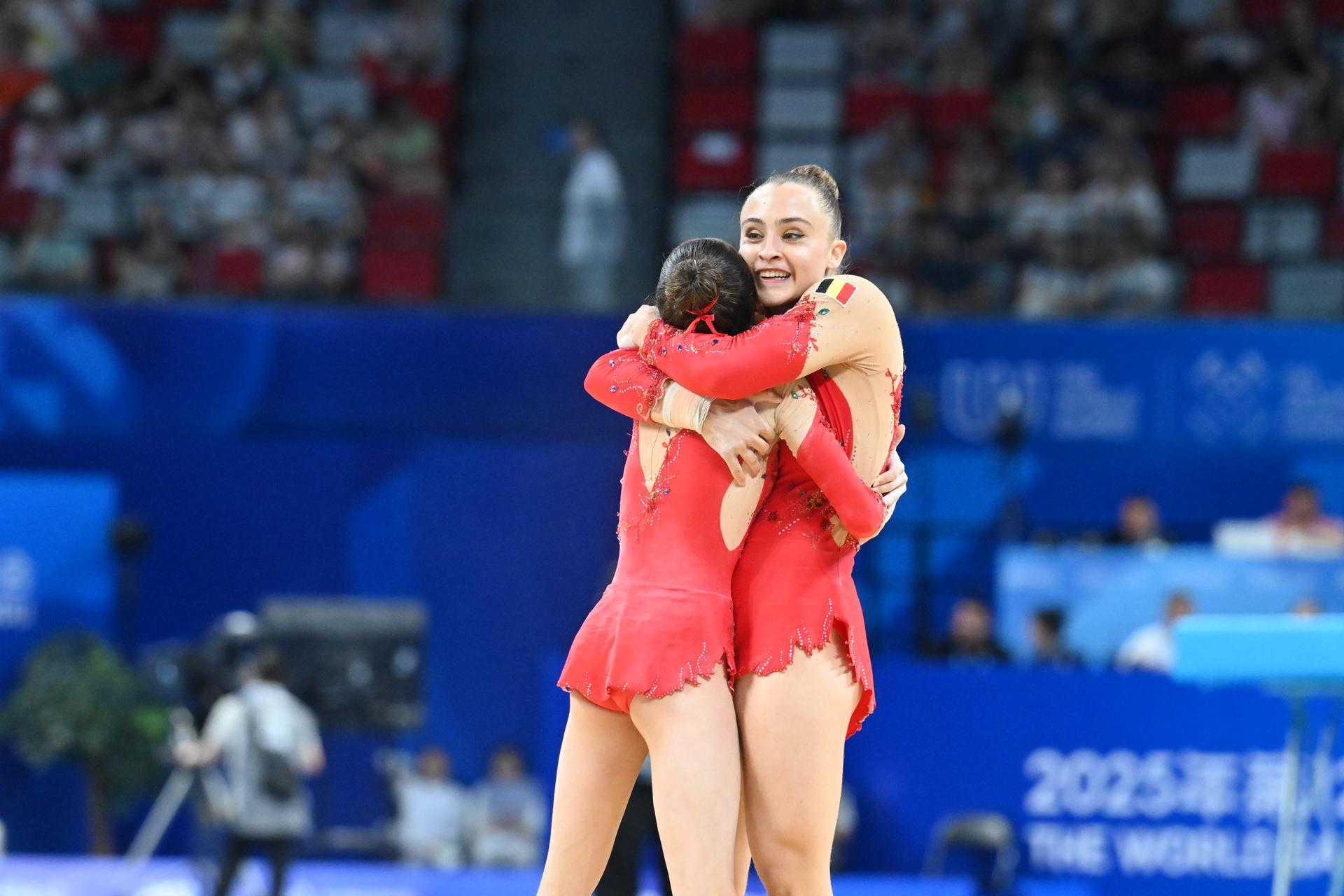 ATTENTION EDITORS - HANDOUT PICTURE - EDITORIAL USE ONLY - MANDATORY CREDIT BOIC - COIB - Belgian Maysae Bouhouch and Silke Macharis pictured in action during the Women pair Acrobatic Gymnastics at the World Games 2025, in Chenghdu, China, on Friday 8 August 2025. This year, the World Games take place from 07 to 17 augustus. PHOTO HANDOUT BOIC-COIB - ANGIE BLAND