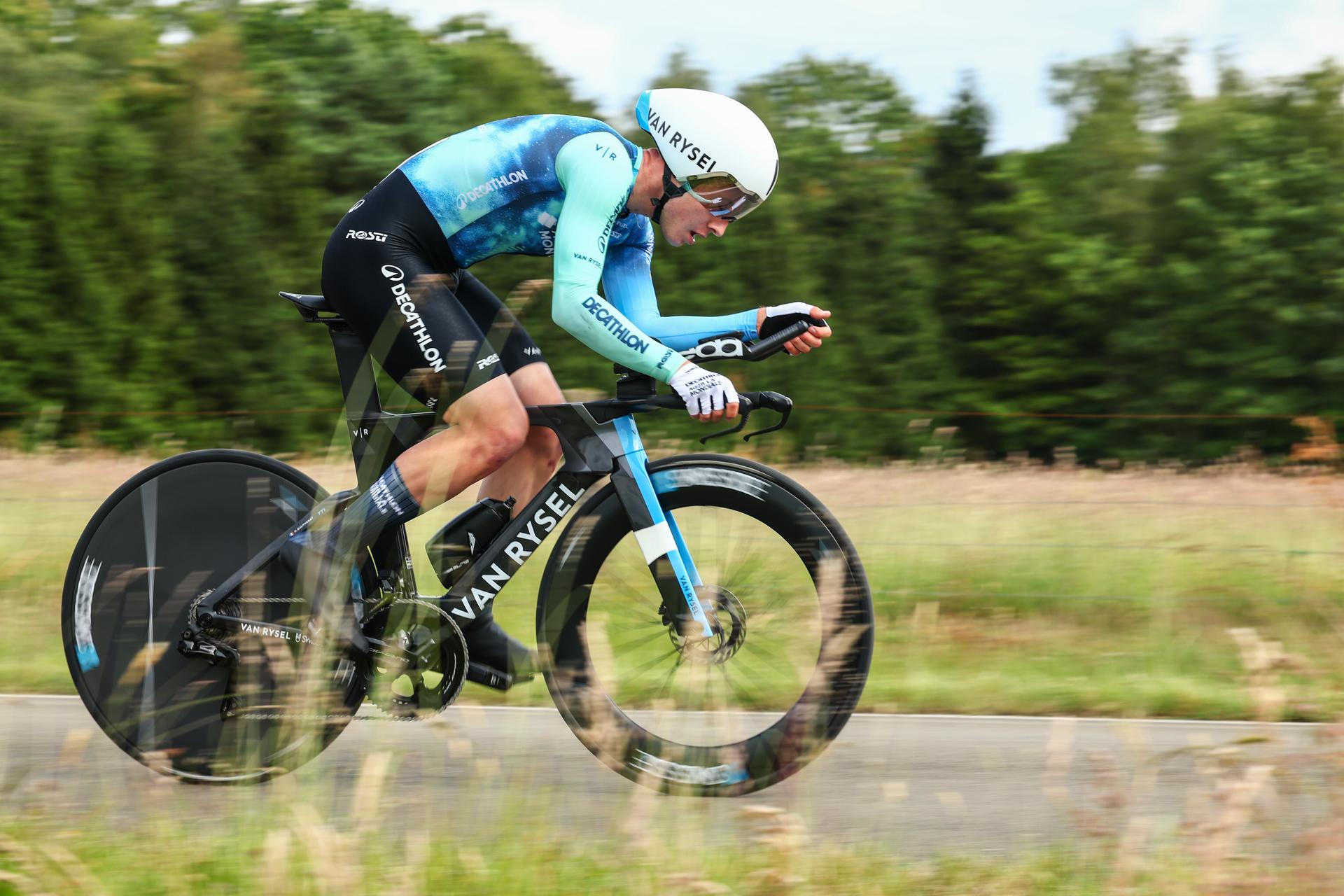 French Pierre Gautherat of Decathlon Ag2r La Mondiale Team pictured in action during the first stage of the Baloise Belgium Tour cycling race, an individual time trial of 12km, in Koersel, on Wednesday 12 June 2024. BELGA PHOTO DAVID PINTENS