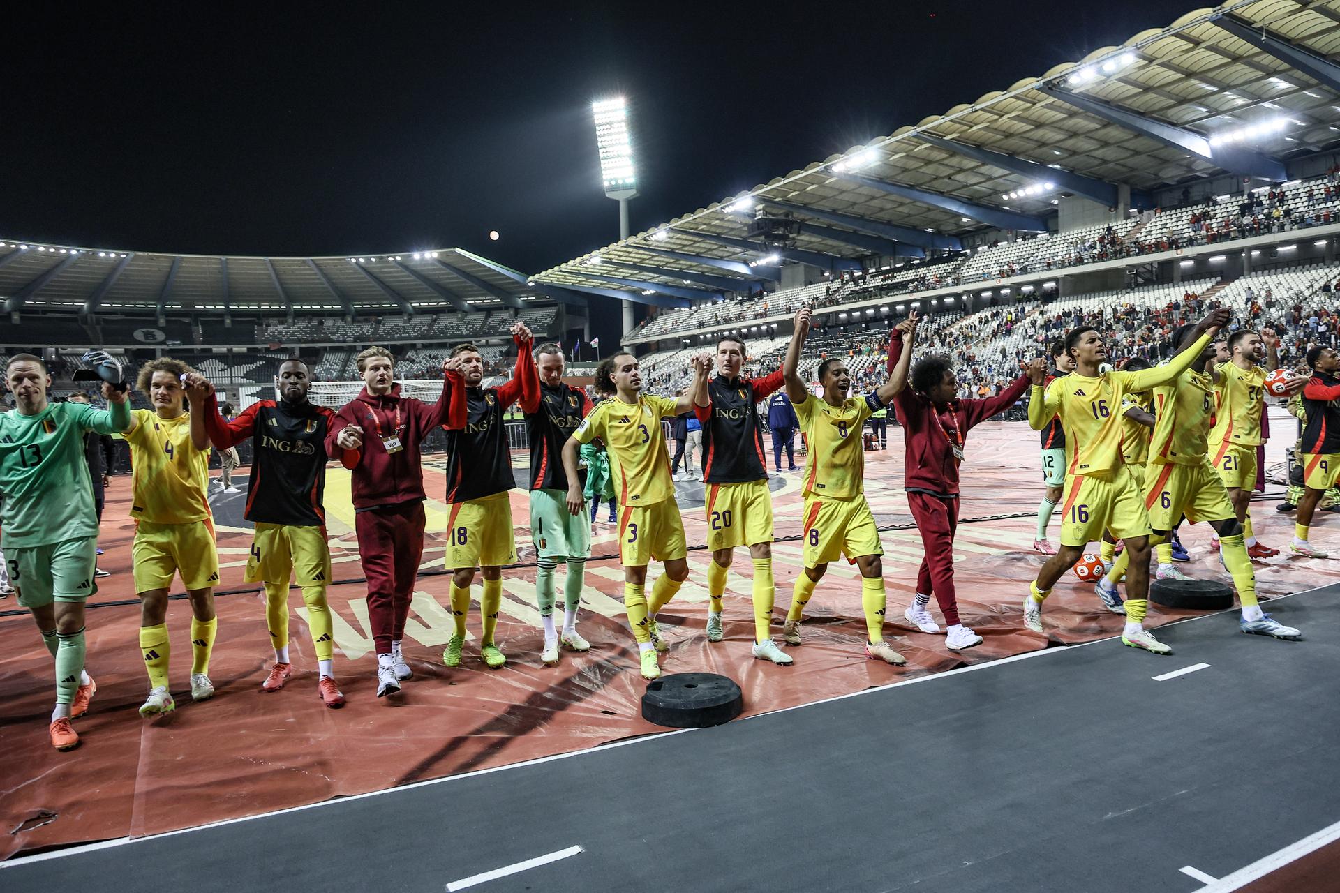 Belgium's players celebrate after winning a soccer game between Belgian national team Red Devils and Wales, Monday 09 June 2025 in Bussels, the second (out of 8) qualification games for the World Cup 2026. BELGA PHOTO BRUNO FAHY