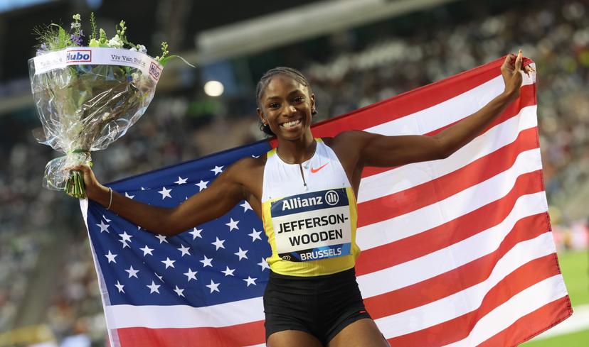 American Melissa Jefferson-Wooden pictured during the 49th edition of the Memorial Van Damme Diamond League athletics event in Brussels, Friday 22 August 2025. BELGA PHOTO VIRGINIE LEFOUR