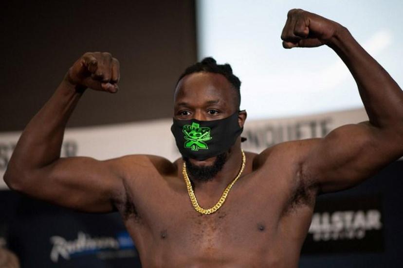 Belgian boxer Joel Tambwe Djeko, aka Big Joe, poses during his official weigh-in in Nantes, western France, on the eve of his boxing match against French boxer Tony Yoka at the Heavyweight European Union Championships on March 4, 2021.  LOIC VENANCE / AFP