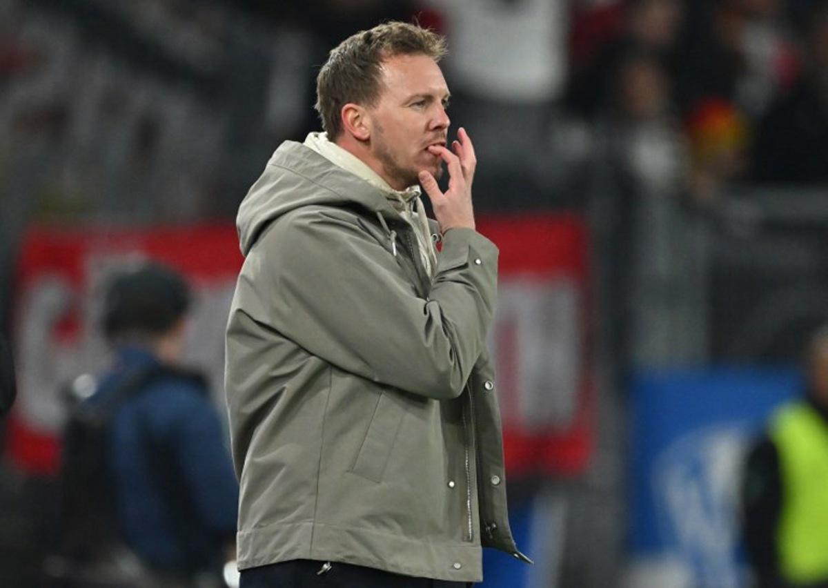 Germany's headcoach Julian Nagelsmann reacts during the international friendly football match between Switzerland and Germany at St. Jakob-Park in Basel, Switzerland on March 27, 2026.  Fabrice COFFRINI / AFP