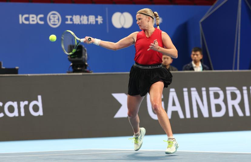 Belgian Lara Salden pictured in action during a doubles tennis match between Ukrainian pair Kalinina/Kichenok and Belgian pair Kempen/Salden, the third rubber in the tie between Belgium and Ukraine in the Quarter Finals of the Billie King Cup tournament, on Thursday 24 September 2026 in Shenzhen, China. BELGA PHOTO VIRGINIE LEFOUR