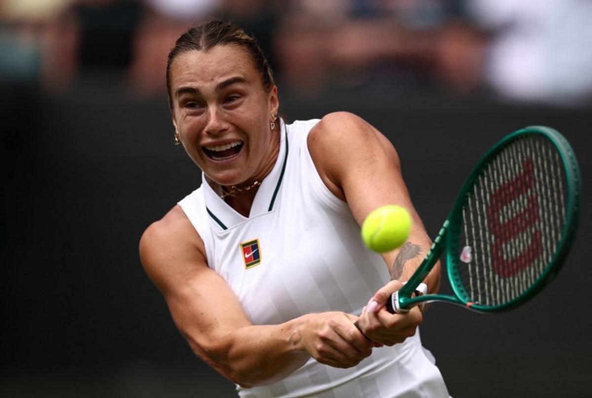 Belarus's Aryna Sabalenka returns to US player McCartney Kessler during their women's singles second round tennis match on the third day of the 2026 Wimbledon Championships at The All England Lawn Tennis and Croquet Club in Wimbledon, southwest London, on July 1, 2026. HENRY NICHOLLS / AFP