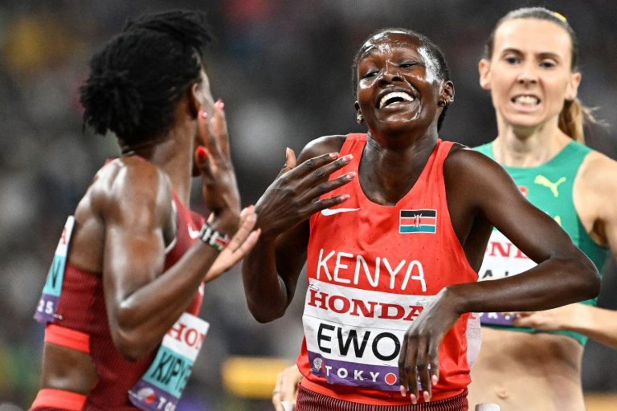 (From L) Kenya's athlete Faith Kipyegon (L), Kenya's athlete Dorcus Ewoi and Australia's Linden Hall react after competing in the women's 1500m semi-final during the World Athletics Championships in Tokyo on September 14, 2025.  Jewel SAMAD / AFP