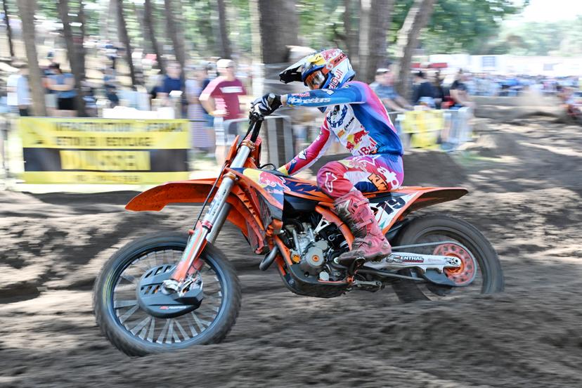 Belgian Sacha Coenen pictured in action during the sixth stage (6 of 10) of the the Belgian Championships motocross, at Keiheuvel, in Balen, Thursday 15 August 2024. BELGA PHOTO MAARTEN STRAETEMANS