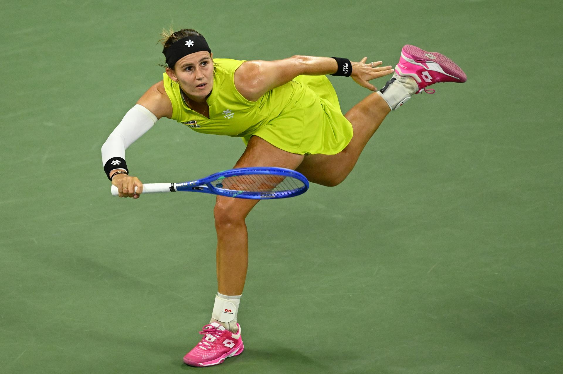 Belgian Greet Minnen pictured in action during a tennis match against Japanese Osaka, in the first round of the women's singles of the 2025 US Open Grand Slam tennis tournament in New York City, USA, Tuesday 26 August 2025. BELGA PHOTO TONY BEHAR