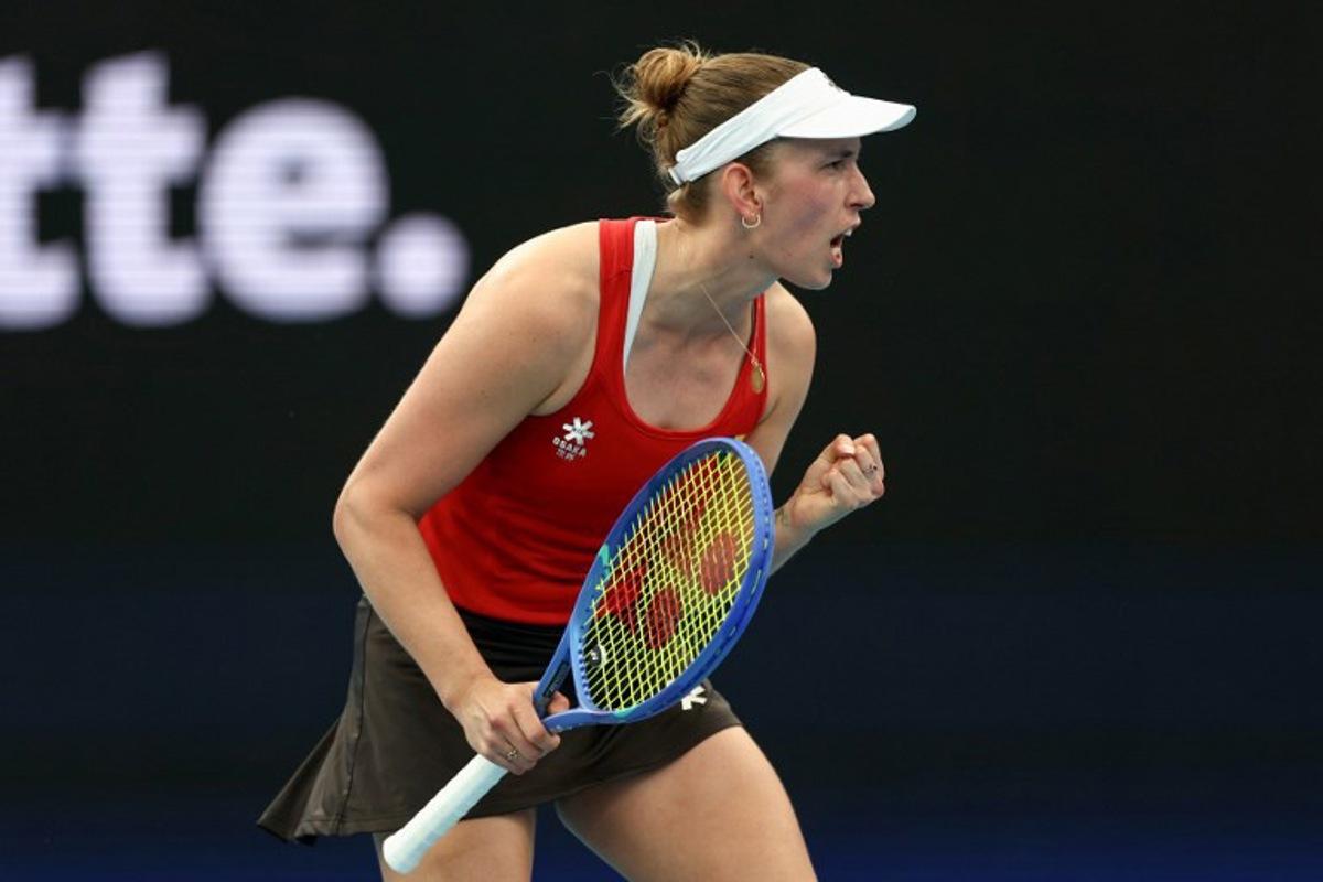 Belgium's Elise Mertens reacts after winning the first set against Canada's Victoria Mboko during their women's singles match at the United Cup tennis tournament on Ken Rosewall Arena in Sydney on January 6, 2026.  Izhar KHAN / AFP