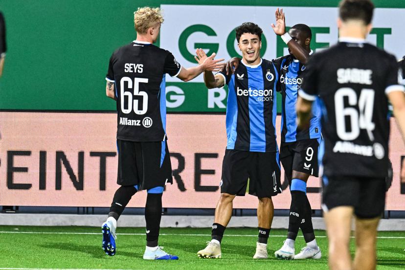 Club's Jan Virgili and Club's Carlos Forbs Club's players celebrate after scoring during a soccer match between RAAL La Louviere and Club Brugge, Saturday 10 October 2026 in La Louviere, on day 8 of the 2026-2027 'Jupiler Pro League' first division of the Belgian championship. BELGA PHOTO EMILE WINDAL