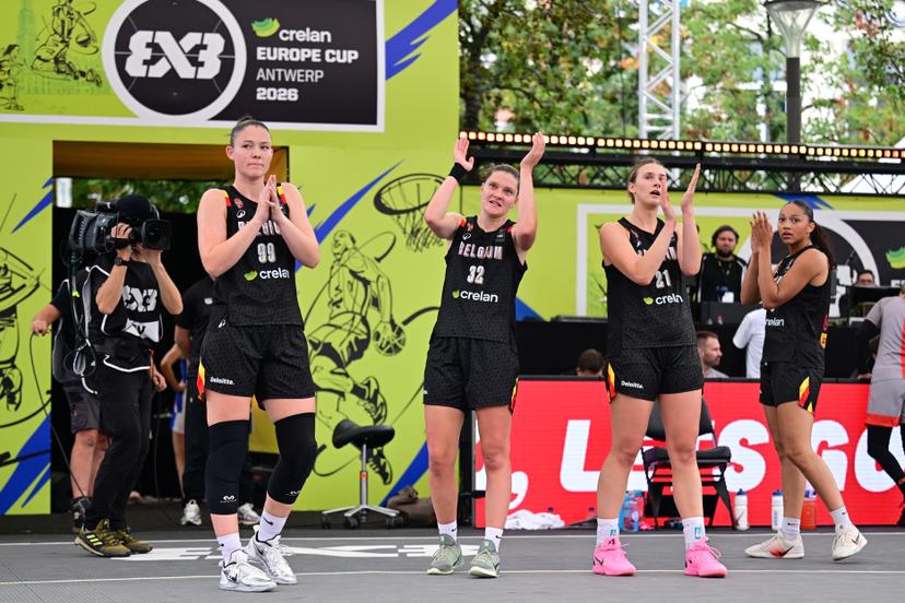 Belgium's Ine Joris; Belgium's Heleen Nauwelaers; Belgium's Axelle Van Eupen and Belgium's Sarah Dossou pictured after a 3x3 basketball game between Spain and Belgium, a quarter-finals game the women's FIBA 3x3 Europe Cup, on Sunday 13 September 2026 in Antwerp. BELGA PHOTO DIRK WAEM