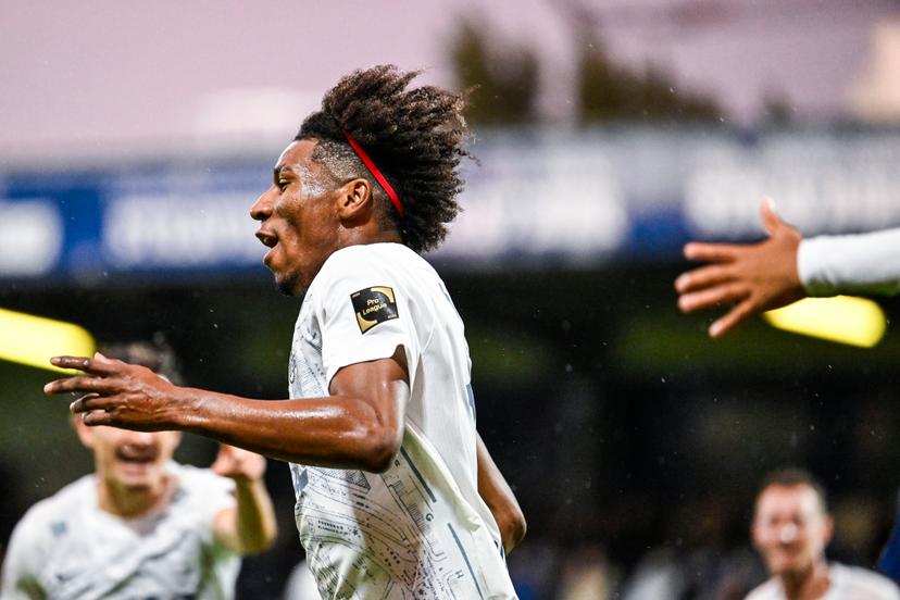 Union's Kevin Rodriguez celebrates after scoring during a soccer match between FCV Dender EH and Royale Union Saint-Gilloise, Saturday 13 September 2025 in Denderleeuw, on day 7 of the 2025-2026 'Jupiler Pro League' first division of the Belgian championship. BELGA PHOTO TOM GOYVAERTS