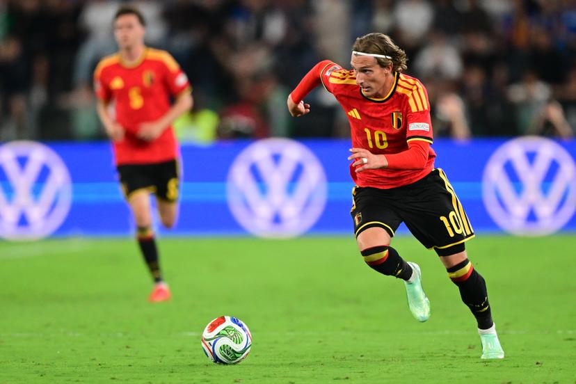 Belgium's Mika Godts pictured in action at a soccer game between the Red Devils, the Belgian national soccer team and Italy for the opening game of the UEFA Nations League, in Rome, on Friday 25 September 2026. BELGA PHOTO DIRK WAEM