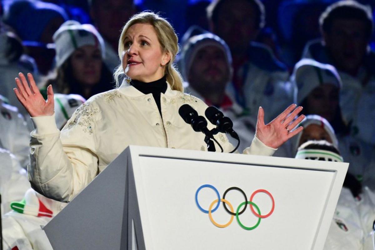 President of the International Olympic Committee (IOC) Kirsty Coventry delivers a speech at the closing ceremony of the Milano Cortina 2026 Winter Olympic Games at the Verona Arena in Verona, northern Italy, on February 22, 2026.  Stefano RELLANDINI / AFP