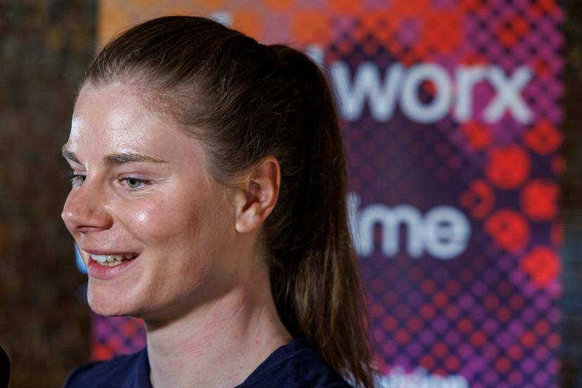Belgian Lotte Kopecky of SD Worx-Protime pictured during a press conference of the SD Worx-Protime cycling team ahead of the Ronde van Vlaanderen / Tour des Flandres / Tour of Flanders cycling race, Thursday 03 April 2025 in Aalst. The 109th edition of the cycling race will take place on Sunday 06 April. BELGA PHOTO NICOLAS MAETERLINCK