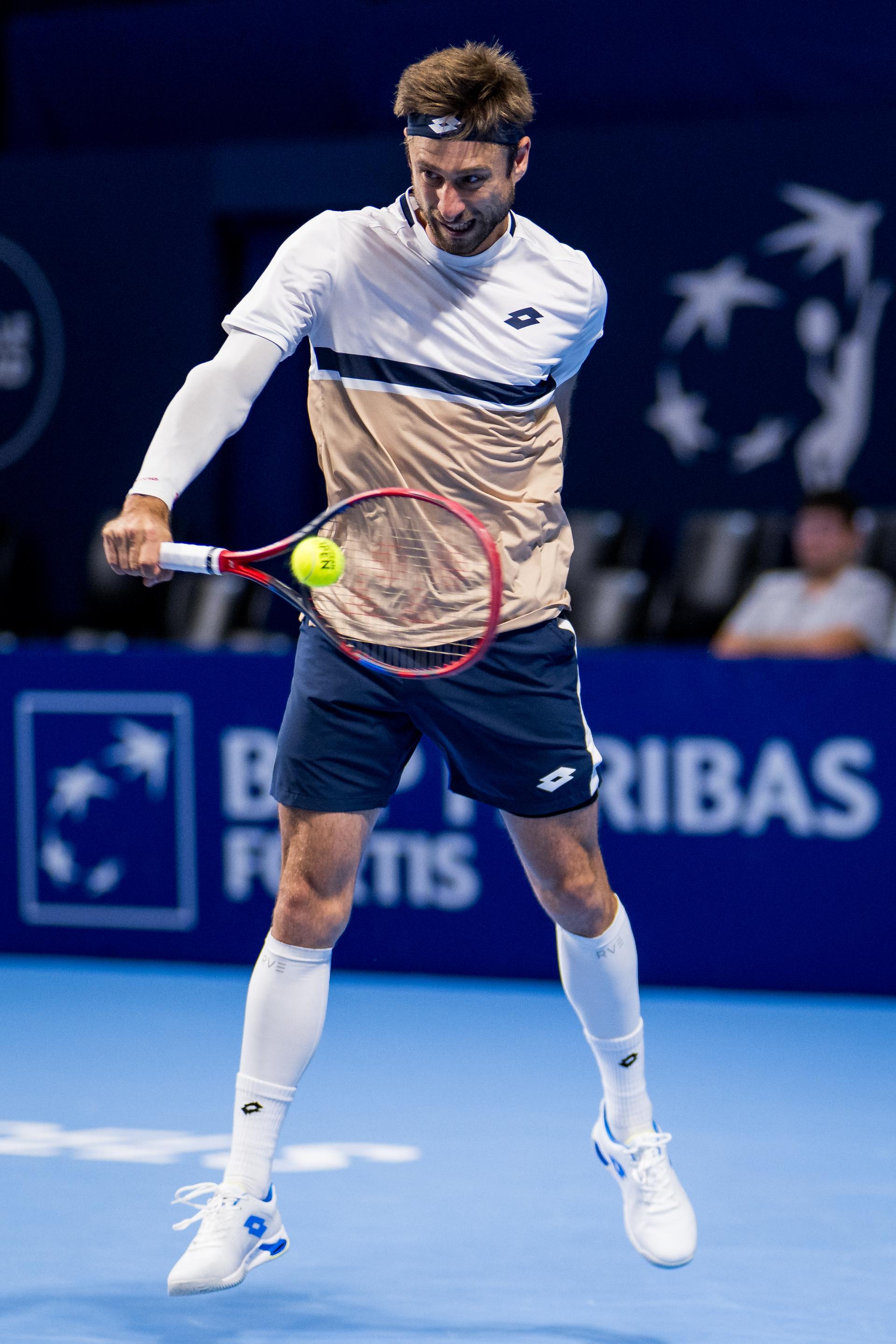 Belgian Sander Gille pictured during the European Open ATP tennis tournament in Brussels, on Monday 13 October 2025. This year's edition of the tournament is taking place from 12 to 19 October 2025. BELGA PHOTO JASPER JACOBS
