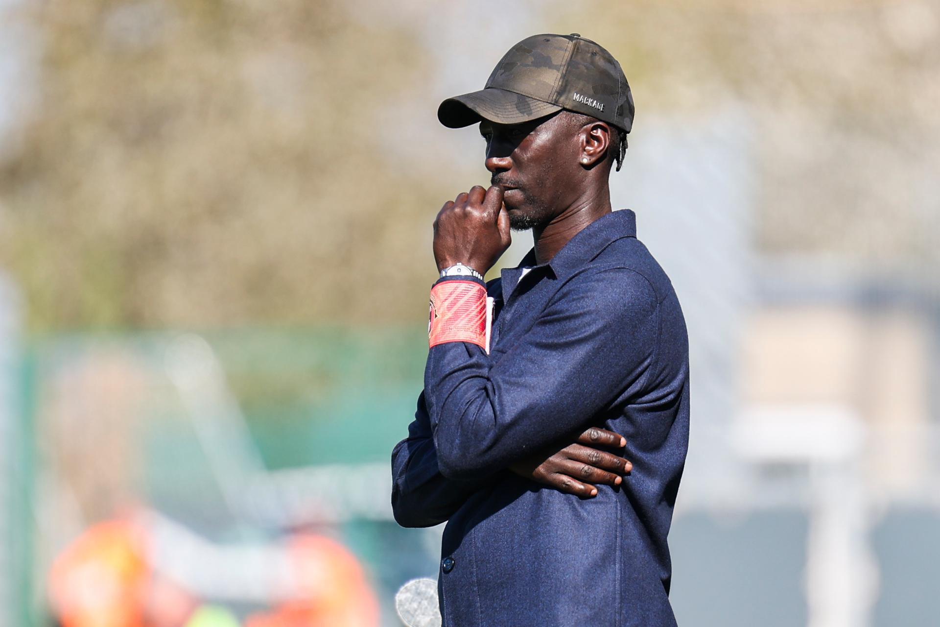 Seraing's head coach Mbaye Leye pictured at a soccer match between KAS Eupen and RFC Seraing, in Eupen, on day 29 of the 2024-2025 'Challenger Pro League' 1B second division of the Belgian championship, Saturday 12 April 2025. BELGA PHOTO NATACHA FREISEN