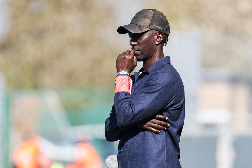 Seraing's head coach Mbaye Leye pictured at a soccer match between KAS Eupen and RFC Seraing, in Eupen, on day 29 of the 2024-2025 'Challenger Pro League' 1B second division of the Belgian championship, Saturday 12 April 2025. BELGA PHOTO NATACHA FREISEN
