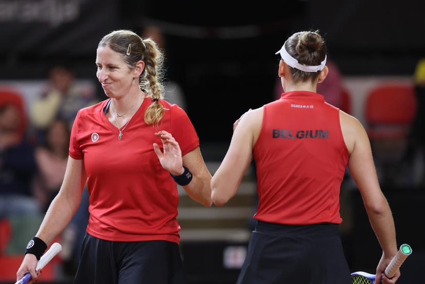 Belgian Magali Kempen and Belgian Greet Minnen pictured during the third game, a double game between Belgian pair Kempen/ Minnen and US pair McNally/ Melichar on the second day of the qualifiers of the Billie Jean King Cup tennis between Belgium and the USA, in Oostende, Belgium, on . The meeting takes place on 10 and 11th April. PHOTO BENOIT DOPPAGNE