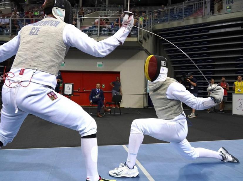 Belgium's Stef Van Campenhout (R) competes against Czech Republic's Alexander Choupenitch during the Fencing - Men's Foil Individual competition at the European Games 2023 in Krakow on June 26, 2023.   JANEK SKARZYNSKI / AFP