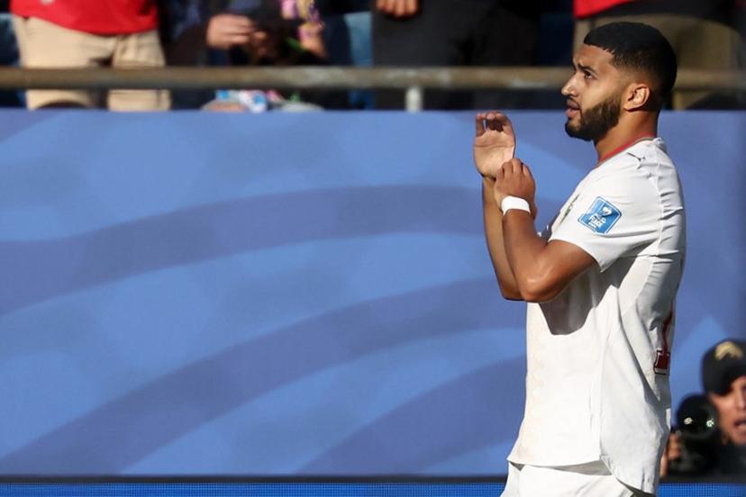 Morocco's midfielder #11 Ismael Saibari celebrates with after scoring his team's first goal during the 2026 World Cup Group C football match between Scotland and Morocco at the Boston Stadium in Foxborough on June 19, 2026.   FRANCK FIFE / AFP