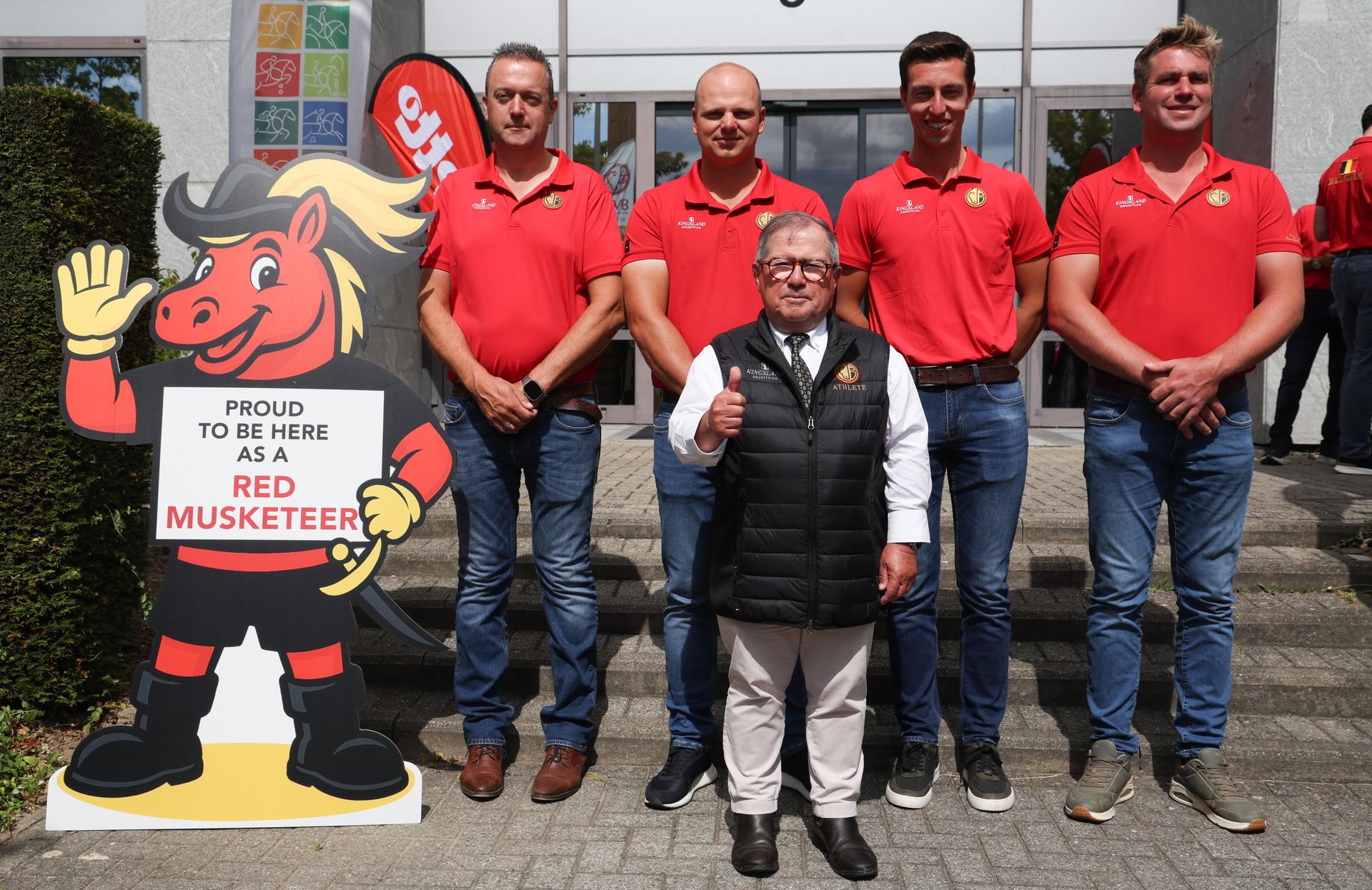Belgian Tom Stokmans, Belgian Glenn Geerts, Belgian Sam Gees, Belgian Dries Degrieck and Belgian four-in-hand driving team manager Mark Wentein pose for the photographer during a press moment of the 'Red Musketeers' riders that will compete at the upcoming World Championships, on Monday 27 July 2026 in Zaventem. The FEI World Championships will take place in Aachen, Germany from 11 to 23 August. BELGA PHOTO VIRGINIE LEFOUR