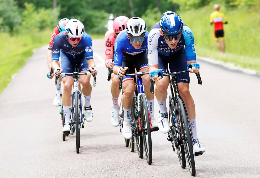 French Paul Lapeira of Decathlon Ag2r La Mondiale Team and Canadian Derek Gee of Israel-Premier Tech pictured in action during stage 9 of the 2024 Tour de France cycling race, from Troyes to Troyes, France (199 km) on Sunday 07 July 2024. The 111th edition of the Tour de France starts on Saturday 29 June and will finish in Nice, France on 21 July.  BELGA PHOTO POOL JAN DE MEULENEIR