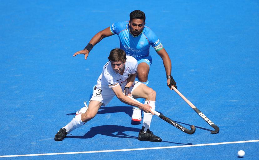 Belgium's Thibeau Stockbroekx fight for the ball a game between Belgium's Red Lions and India, the first match (out of 12) in the group stage of the 2023 Men's FIH Pro League, Friday 26 May 2023 in London, United Kingdom. BELGA PHOTO VIRGINIE LEFOUR