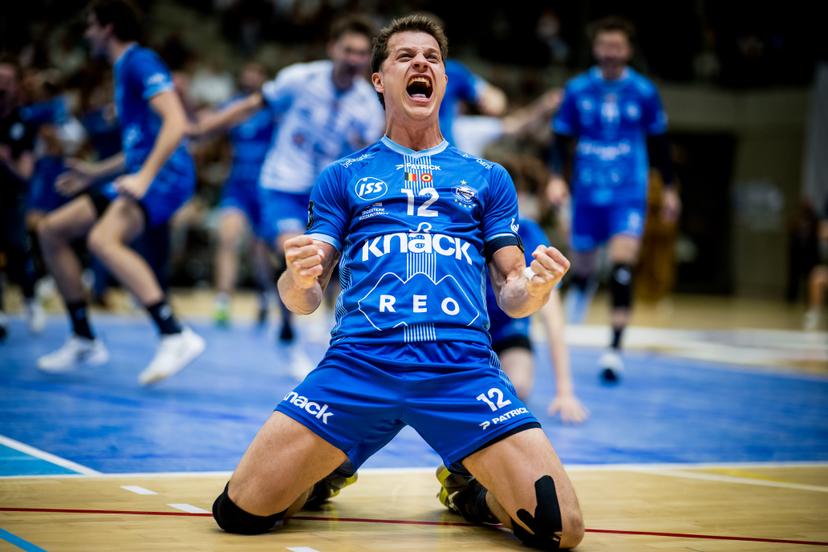 Roeselare's Seppe Rotty celebrates after winning the match between Haasrode Leuven and Roeselare, a Play-off Final (4th game, best-of-5) game in the Lotto Volley League Men, Tuesday 13 May 2025 in Leuven. BELGA PHOTO JASPER JACOBS
