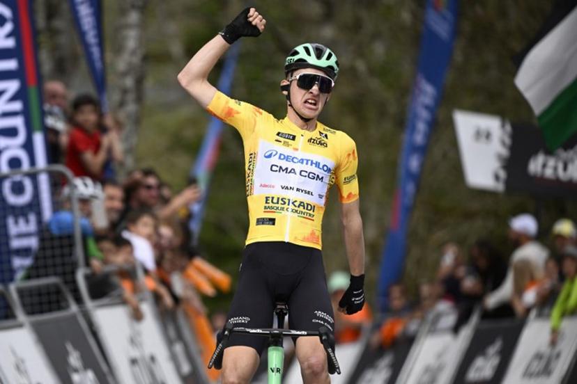 Current overall ranking leader Team Decathlon CMA CGM's French rider Paul Seixas celebrates winning the second stage of the Basque Country's Itzulia cycling tour, a 164.1 km race between Pamplona and Mendukilo cave, near Astitz, on April 7, 2026.  French youngster Paul Seixas stretched his overall lead at the Tour of the Basque Country today after a powerful breakaway on the final main climb of the second stage. ANDER GILLENEA / AFP