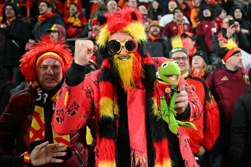 Belgian supporters cheer ahead of the FIFA World Cup 2026 Group J European qualification football match between Belgium and Liechtenstein at the Maurice-Dufrasne stadium, in Liege, on November 18, 2025.   NICOLAS TUCAT / AFP