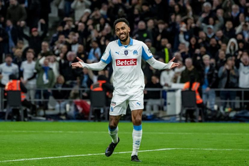 Marseille's Gabonese forward #17 Pierre-Emerick Aubameyang celebrates scoring his team's third goal during the French Cup round of 16 football match between Olympique de Marseille (OM) and Stade Rennais at the Stade Velodrome in Marseille, southern France, on February 3, 2026.  MIGUEL MEDINA / AFP