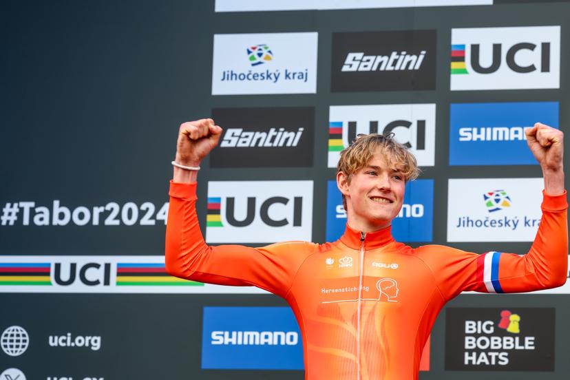 Dutch Keije Solen pictured on the podium after the men junior's race at the Cyclocross World Championships event on Sunday 04 February 2024 in Tabor, Czech Republic. BELGA PHOTO DAVID PINTENS