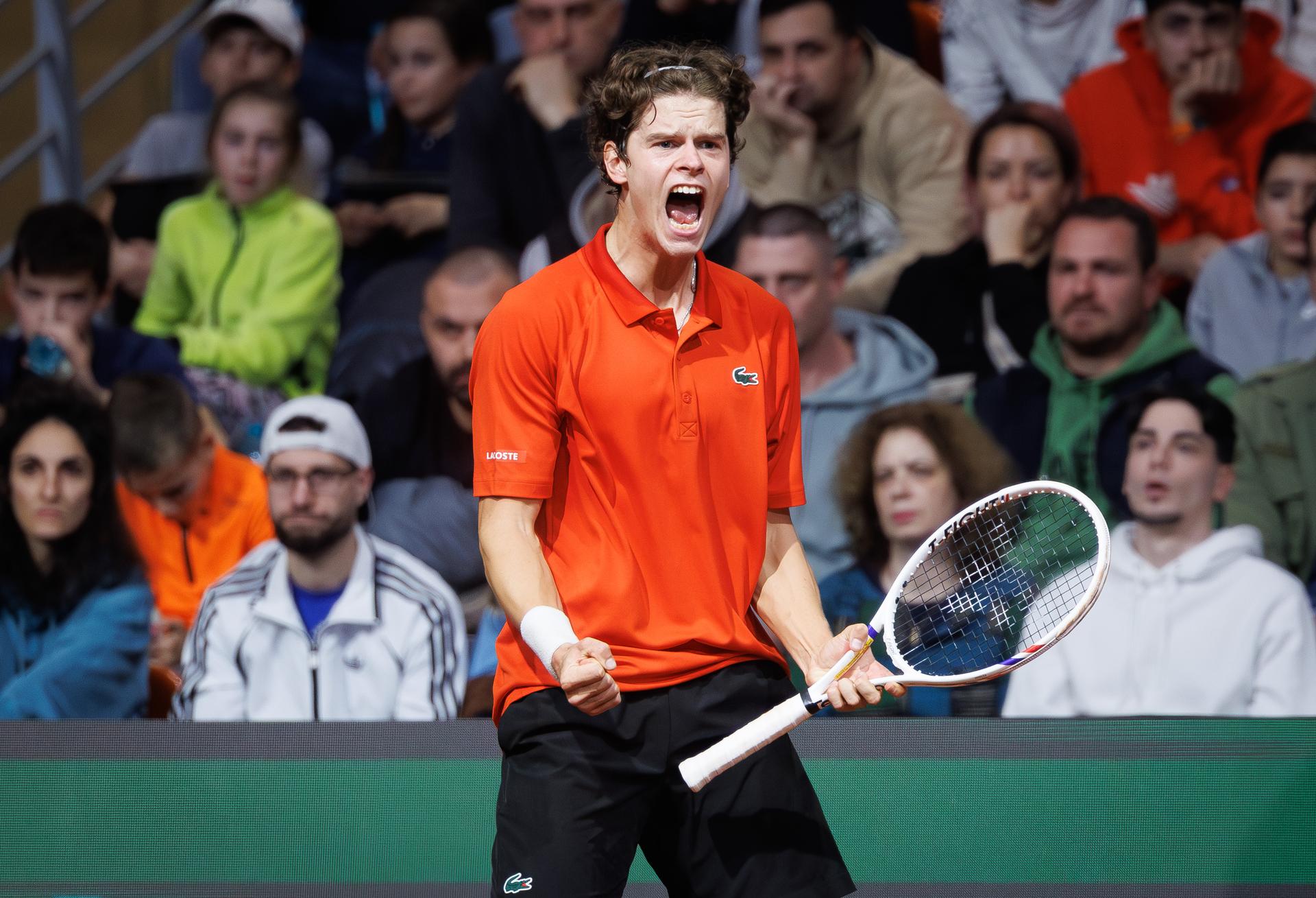 Belgian Alexander Blockx reacts during a tennis match against Bulgarian Radulov, during the qualifier of the Davis Cup on Saturday 07 February 2026, in Plovdiv, Bulgaria. Belgium will compete this weekend in the Davis Cup qualifiers against Bulgaria. BELGA PHOTO BENOIT DOPPAGNE