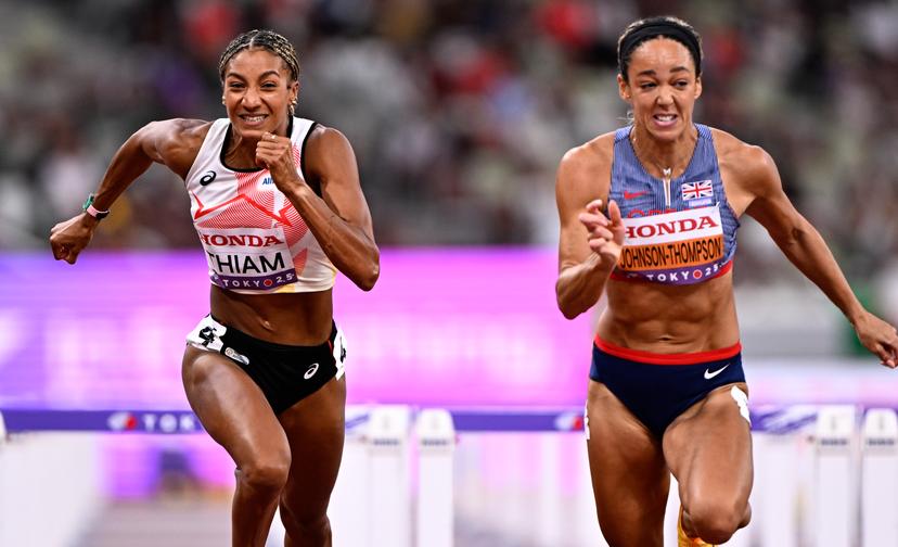 Belgian Nafissatou Nafi Thiam and Great Britain's Katarina Johnson-Thompson pictured in action during the 100m hurdles event of the women's Heptathlon competition, at the World Athletics Championships in Tokyo, Japan, on Friday 19 September 2025. The outdoor Worlds are taking place from 13 to 21 September. BELGA PHOTO JASPER JACOBS