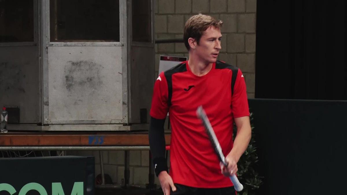 Video showing 00:00:00:00 - 00:02:16:17 Inserts of Davis Cup Belgian players Kimmer Coppejans and Raphaël Collignon training with captain Steve Darcis before their match against Chile next week-end, Tuesday 28 January 2025 in Hasselt. BELGA VIDEO JEROME FETU
