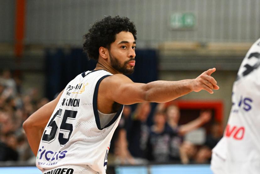 Limburg's Jalen Blackmon and reacts after scoring during a basketball match between Limburg United and BC Oostende, Friday 13 February 2026 in Hasselt, on day 19 of the 'BNXT League' Belgian/ Dutch first division basket championship. BELGA PHOTO JILL DELSAUX