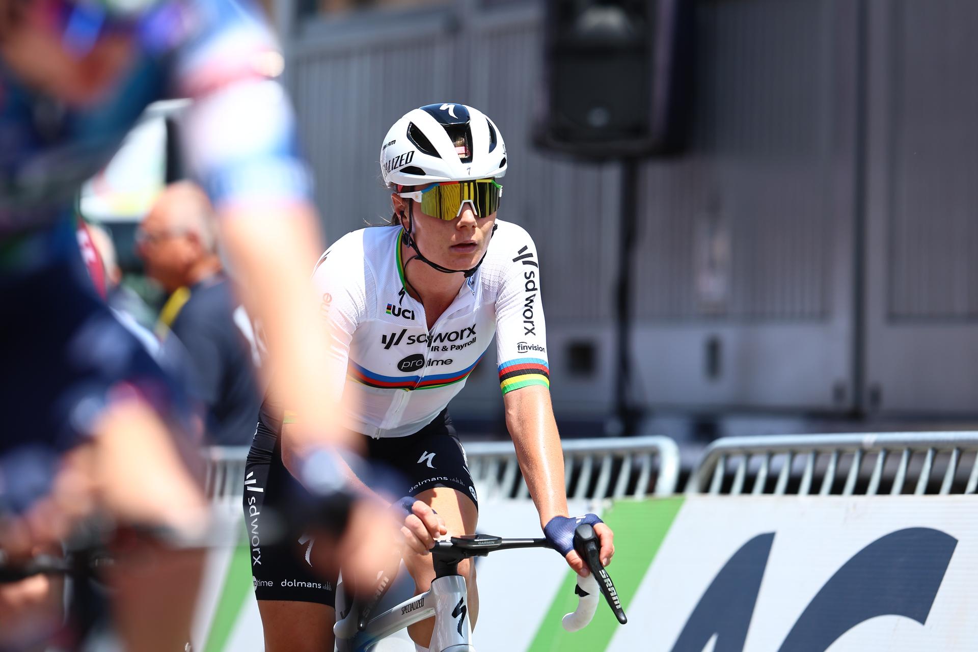 Belgian Lotte Kopecky of SD Worx-Protime crosses the finish line of the women's elite road race of the Belgian Cycling Championships, 132,8 km from and to the Grand Place square in Binche on Sunday 29 June 2025. BELGA PHOTO DAVID PINTENS