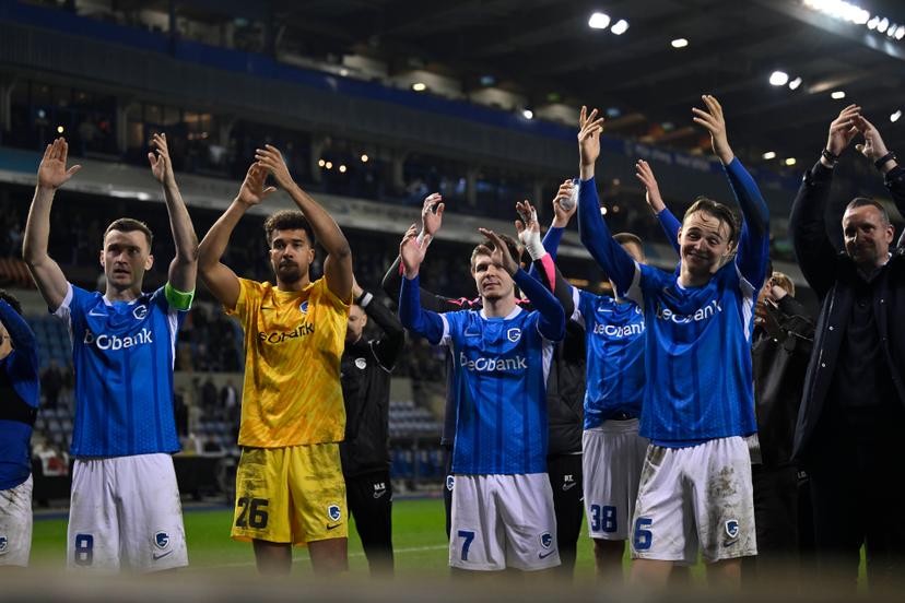 Genk's Bryan Heynen, Genk's goalkeeper Tobias Lawal, Genk's Jarne Steuckers and Genk's Matte Smets celebrate after winning a soccer game between Belgian team KRC Genk and Croatian GNK Dinamo Zagreb, Thursday 26 February 2026 in Genk, in the play-off for the knockout phase of the UEFA Europa League tournament. Genk won the first leg 1-3. BELGA PHOTO JOHAN EYCKENS