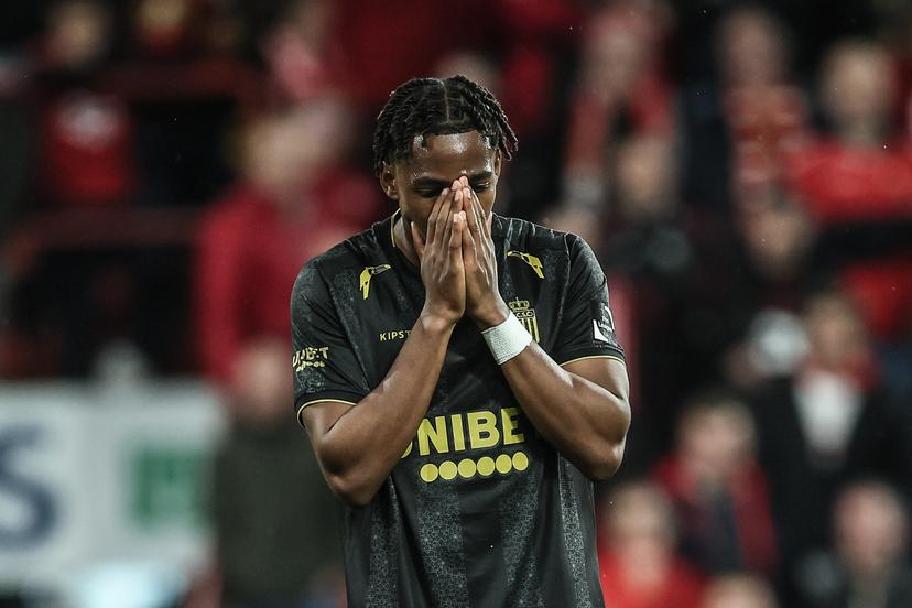 Charleroi's Youssuf Sylla reacts during a soccer match between Standard de Liege and Sporting Charleroi, Sunday 20 October 2024 in Liege, on day 11 of the 2024-2025 season of the 'Jupiler Pro League' first division of the Belgian championship. BELGA PHOTO BRUNO FAHY