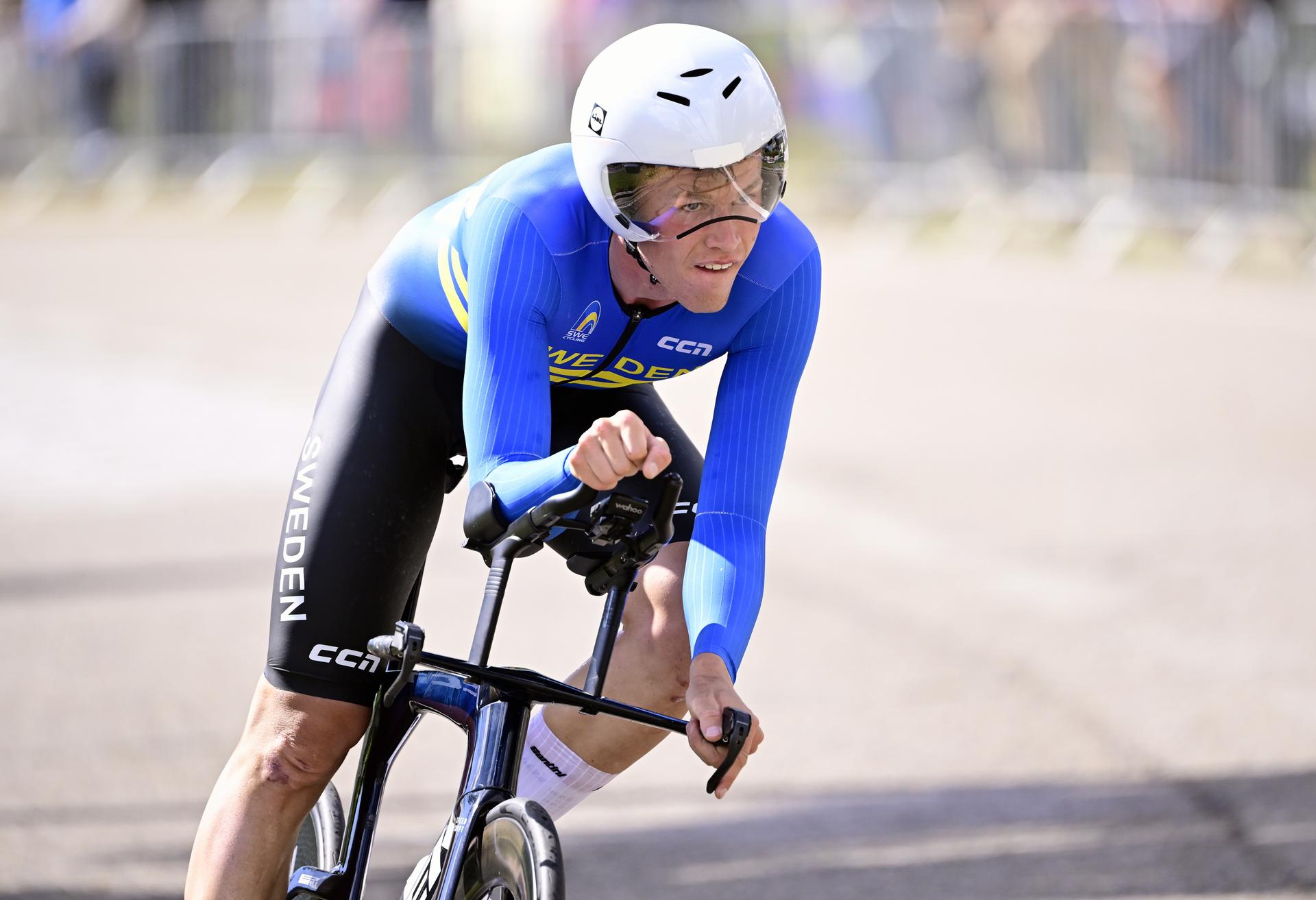Swedish Jakob Soderqvist pictured in action during the time trial U23 Men at the European Championship 2024, in Hasselt, Wednesday 11 September 2024. The UEC Road European Championships 2024 will take place from 11 to 15 september in Limburg, Belgium. BELGA PHOTO DIRK WAEM