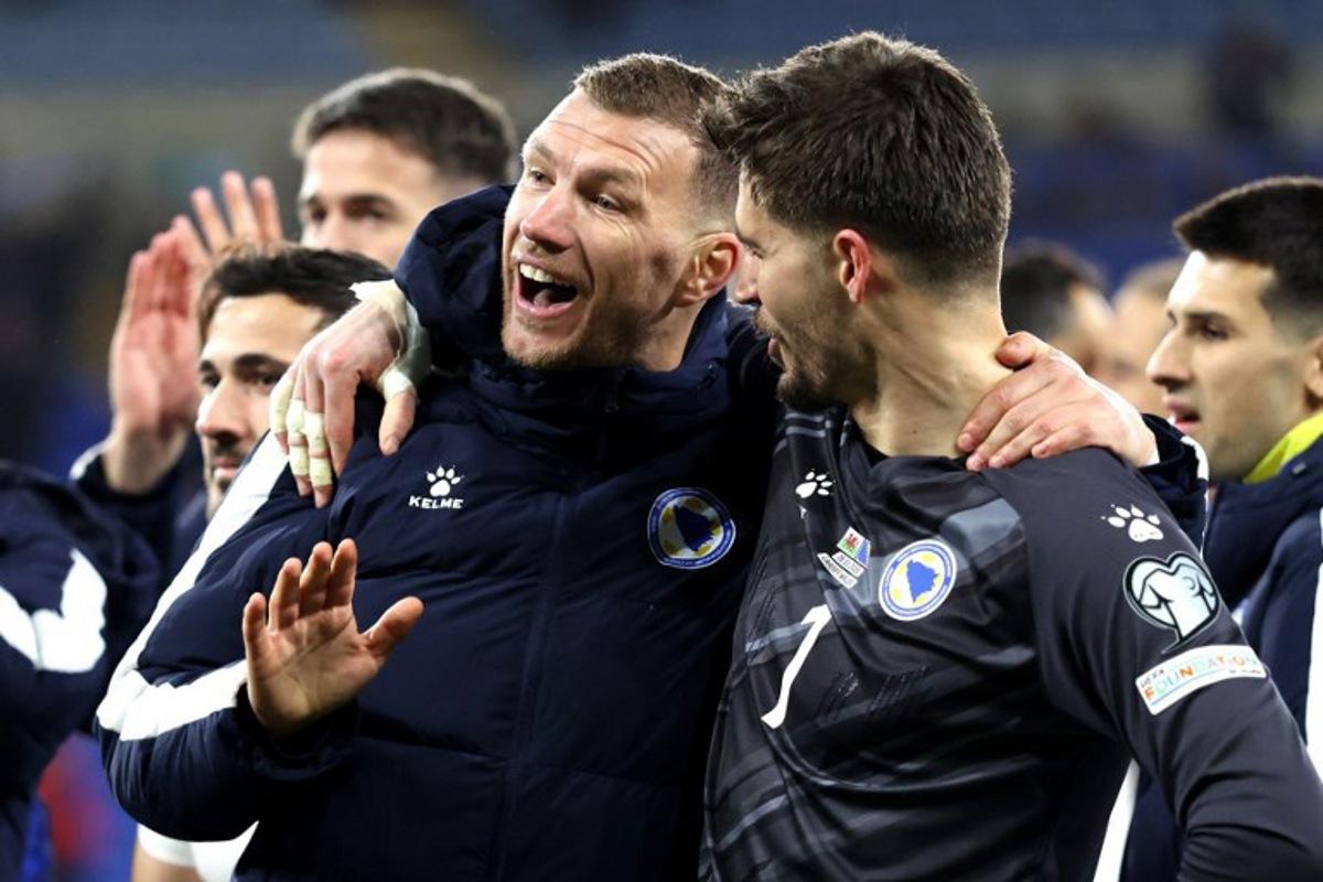 Bosnia-Herzegovina's forward Edin Dzeko (L) Bosnia-Herzegovina's goalkeeper Nikola Vasilj react after the FIFA World Cup qualification semi-final football match between Wales and Bosnia and Herzegovina, at Cardiff City Stadium, in Cardiff, on March 26, 2026.   Darren Staples / AFP